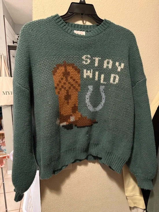 Pink Lily Teal 'Stay Wild' Crewneck Sweater with Brown Boot Graphic - Picture 1 of 2
